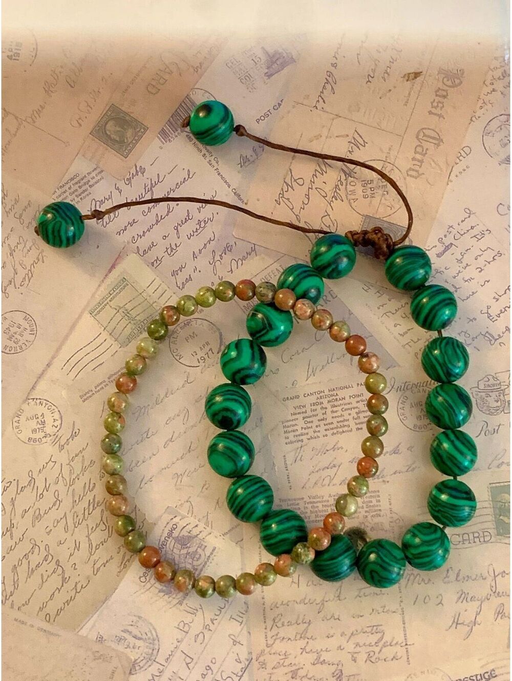 Vintage Genuine Stone Handcrafted Green Malachite Beaded Bracelets Set